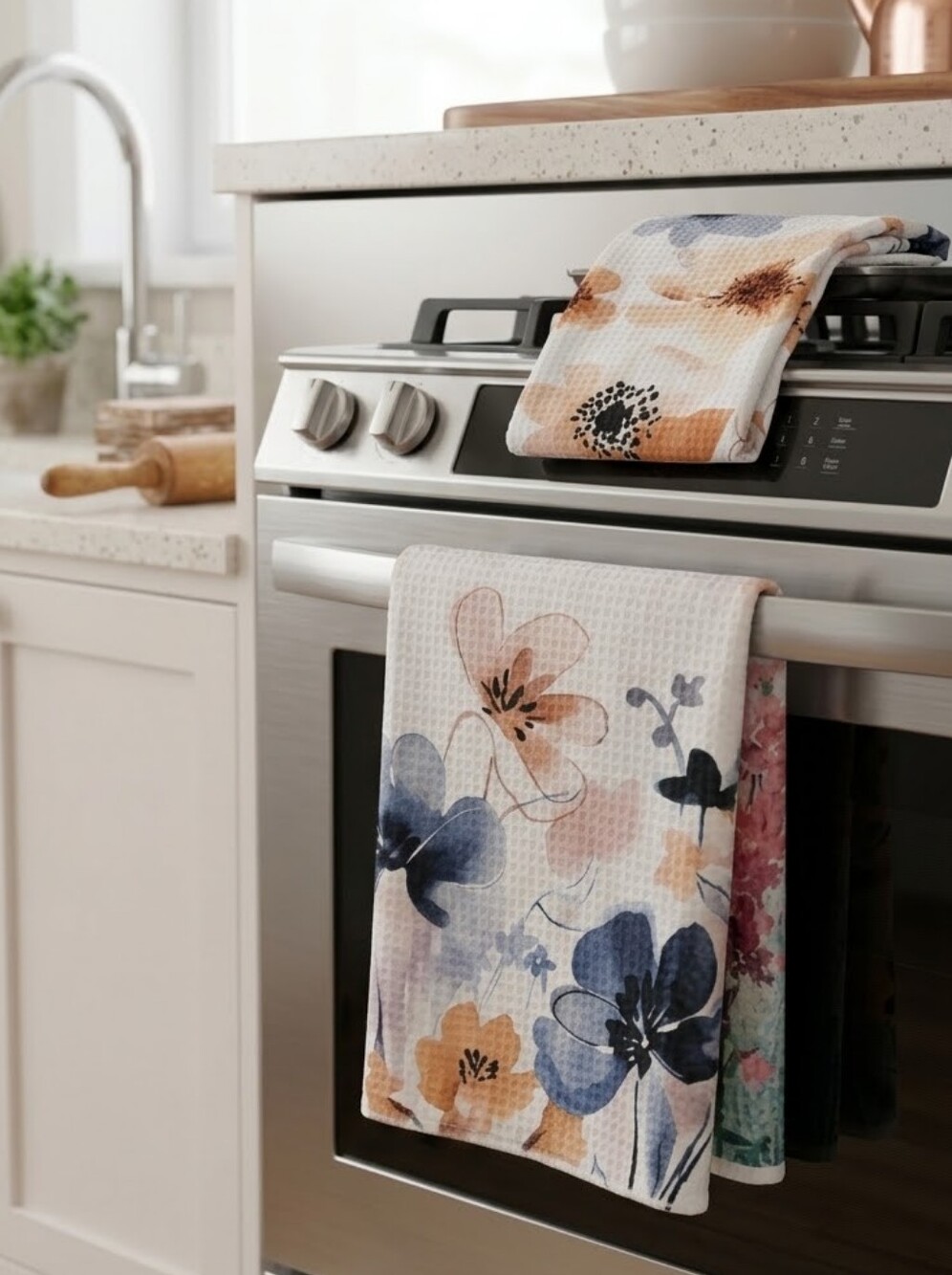 Set of Boutique Watercolor Floral Boho Kitchen Dish Towels Waffle Weave